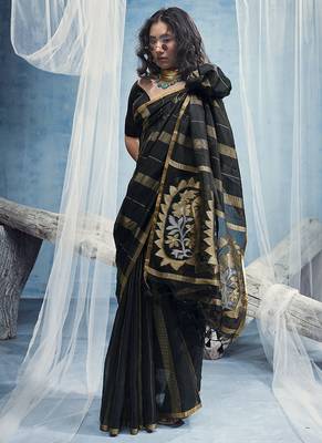 black cotton blend  handloom weaving casual wear saree 3