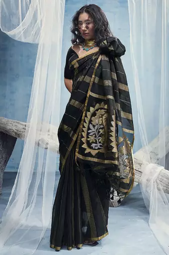 black cotton blend  handloom weaving casual wear saree