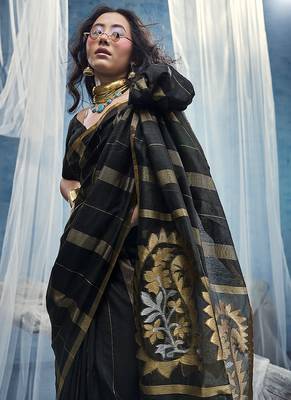 black cotton blend  handloom weaving casual wear saree 4