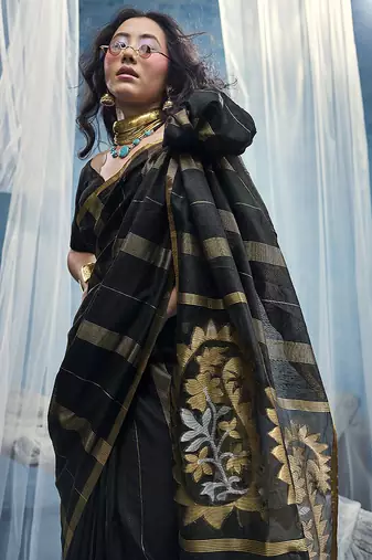 black cotton blend  handloom weaving casual wear saree