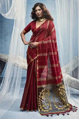 maroon cotton blend  handloom weaving casual wear saree