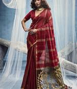 maroon cotton blend  handloom weaving casual wear saree