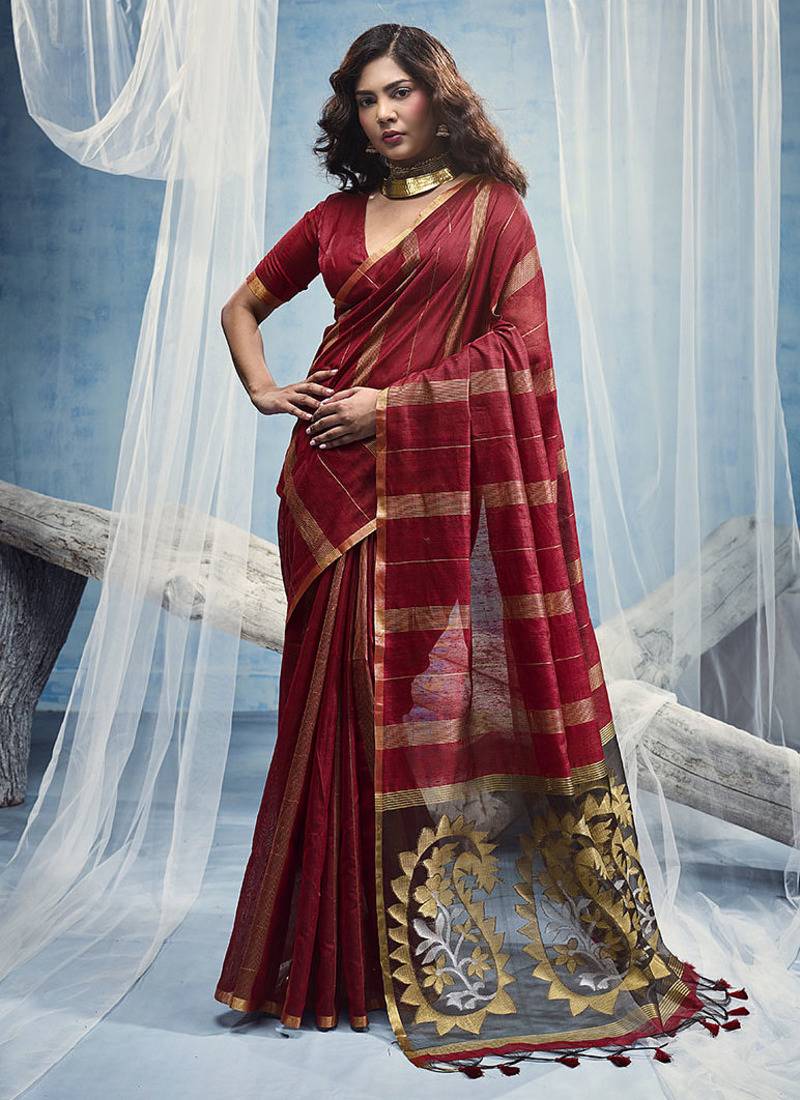 maroon cotton blend  handloom weaving casual wear saree