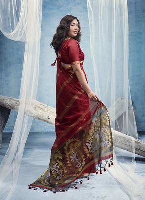 maroon cotton blend  handloom weaving casual wear saree 2