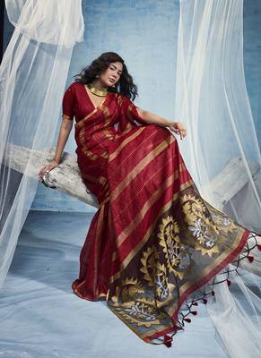 maroon cotton blend  handloom weaving casual wear saree 3
