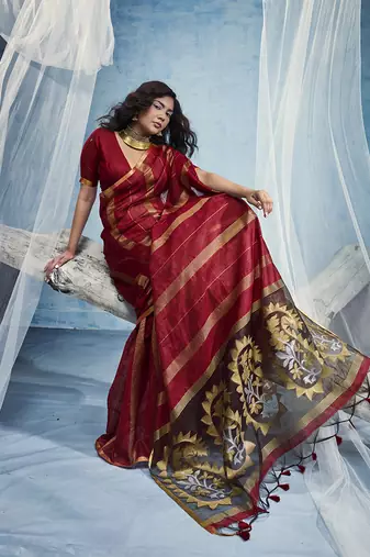 maroon cotton blend  handloom weaving casual wear saree