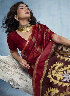 maroon cotton blend  handloom weaving casual wear saree 4