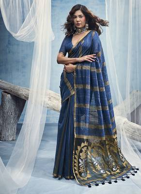 peacock blue cotton blend  handloom weaving casual wear saree 1