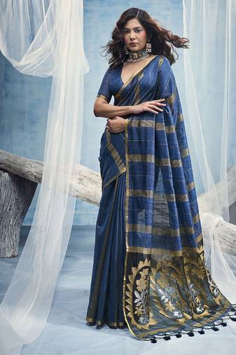 peacock blue cotton blend  handloom weaving casual wear saree