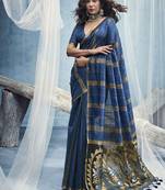 peacock blue cotton blend  handloom weaving casual wear saree