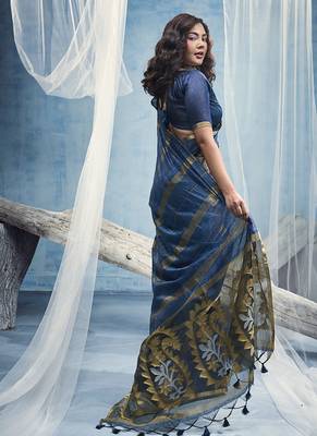 peacock blue cotton blend  handloom weaving casual wear saree 2