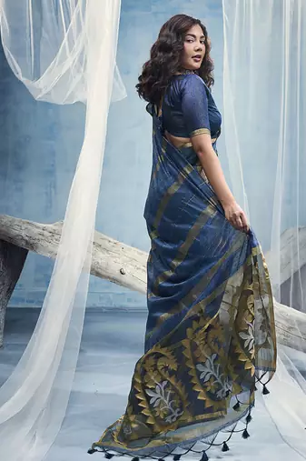 peacock blue cotton blend  handloom weaving casual wear saree