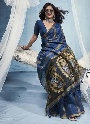 peacock blue cotton blend  handloom weaving casual wear saree 3