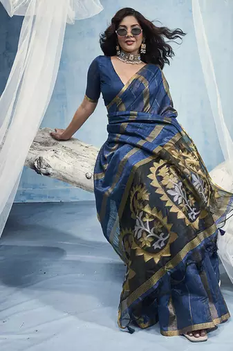 peacock blue cotton blend  handloom weaving casual wear saree
