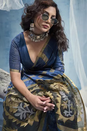 peacock blue cotton blend  handloom weaving casual wear saree
