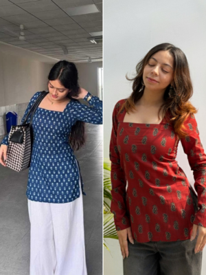 Pack Of 2 Handmade Ajrakh Block Printed Rayon Fabric  Short Kurti For Women's 1