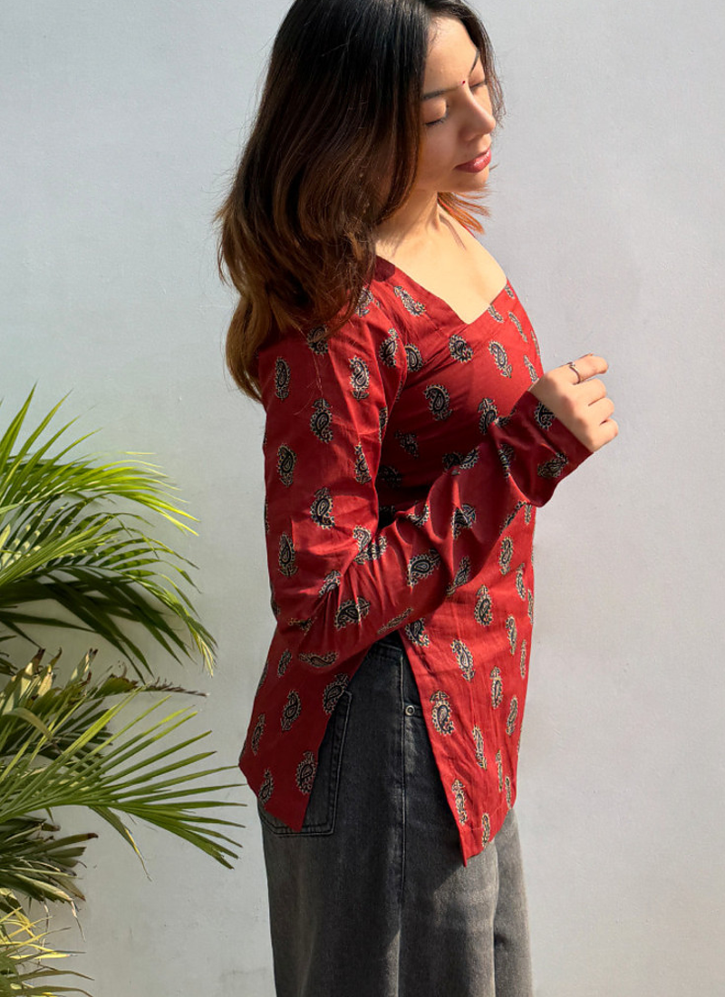 Pack Of 2 Handmade Ajrakh Block Printed Rayon Fabric  Short Kurti For Women's
