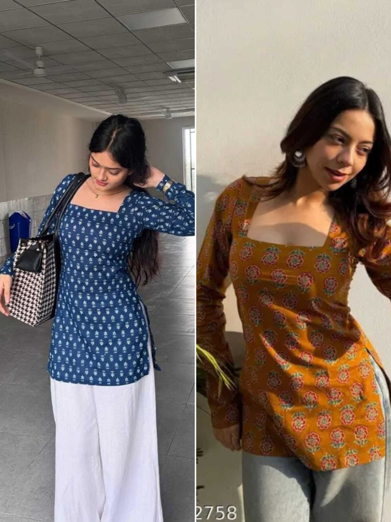Pack Of 2 Handmade Ajrakh Block Printed Rayon Fabric  Short Kurti For Women's