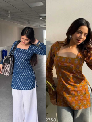 Pack Of 2 Handmade Ajrakh Block Printed Rayon Fabric  Short Kurti For Women's 1
