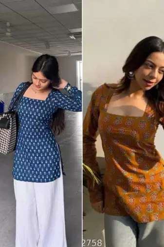 Pack Of 2 Handmade Ajrakh Block Printed Rayon Fabric  Short Kurti For Women's