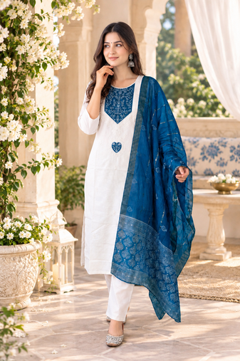 WHITE EMBROIDERY WHITE THREAD WORK FABRIC COTTON BLEND WOMENS KURTI SET