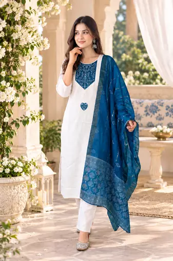 WHITE EMBROIDERY WHITE THREAD WORK FABRIC COTTON BLEND WOMENS KURTI SET