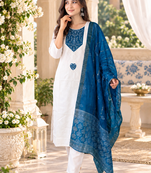 WHITE EMBROIDERY WHITE THREAD WORK FABRIC COTTON BLEND WOMENS KURTI SET