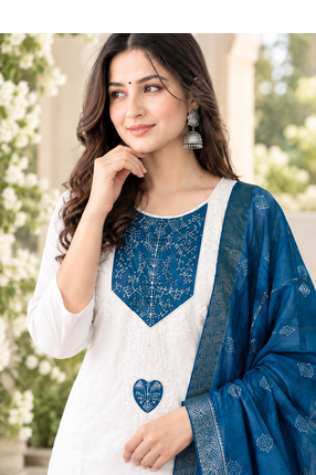 WHITE EMBROIDERY WHITE THREAD WORK FABRIC COTTON BLEND WOMENS KURTI SET 2