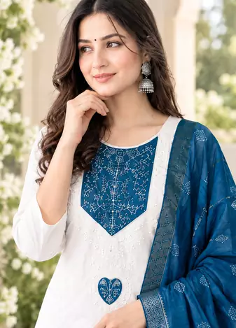 WHITE EMBROIDERY WHITE THREAD WORK FABRIC COTTON BLEND WOMENS KURTI SET