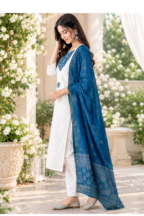 WHITE EMBROIDERY WHITE THREAD WORK FABRIC COTTON BLEND WOMENS KURTI SET 3