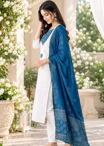 WHITE EMBROIDERY WHITE THREAD WORK FABRIC COTTON BLEND WOMENS KURTI SET