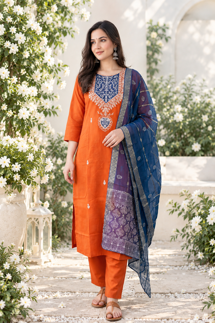 ORANGE EMBROIDERY WHITE THREAD WORK FABRIC COTTON BLEND WOMENS KURTI SET
