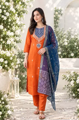 ORANGE EMBROIDERY WHITE THREAD WORK FABRIC COTTON BLEND WOMENS KURTI SET