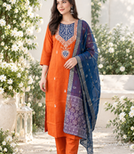 ORANGE EMBROIDERY WHITE THREAD WORK FABRIC COTTON BLEND WOMENS KURTI SET