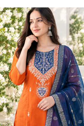 ORANGE EMBROIDERY WHITE THREAD WORK FABRIC COTTON BLEND WOMENS KURTI SET 2