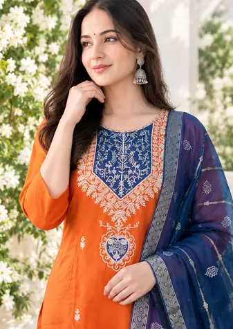 ORANGE EMBROIDERY WHITE THREAD WORK FABRIC COTTON BLEND WOMENS KURTI SET
