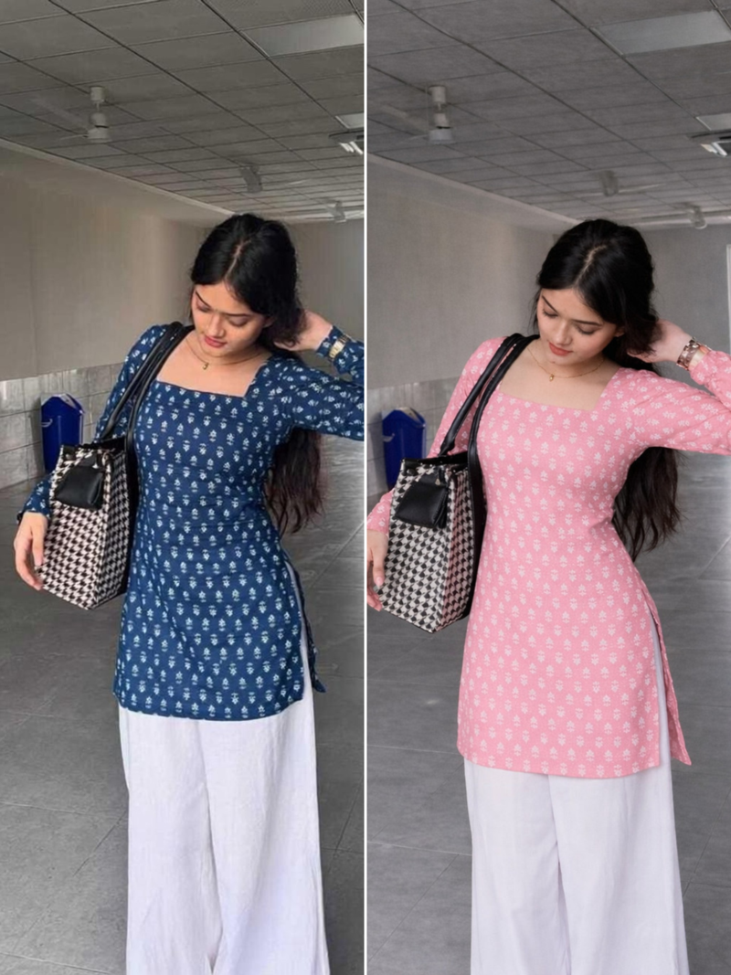 Pack Of 2 Handmade Ajrakh Block Printed Rayon Fabric  Short Kurti For Women's