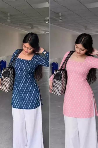 Pack Of 2 Handmade Ajrakh Block Printed Rayon Fabric  Short Kurti For Women's