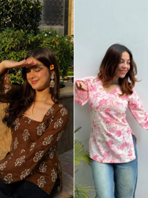 Pack Of 2 Handmade Ajrakh Block Printed Rayon Fabric  Short Kurti For Women's 1