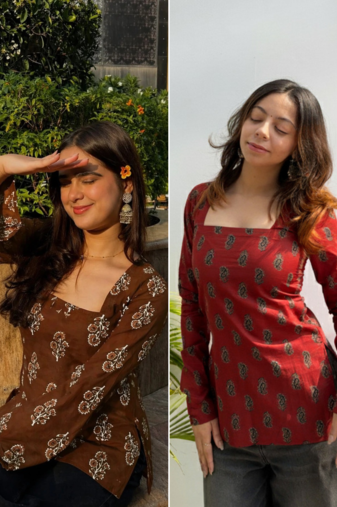Pack Of 2 Handmade Ajrakh Block Printed Rayon Fabric  Short Kurti For Women's