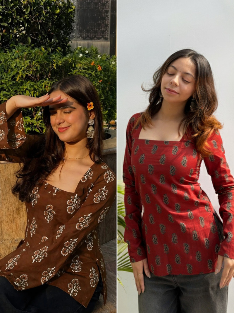 Pack Of 2 Handmade Ajrakh Block Printed Rayon Fabric  Short Kurti For Women's