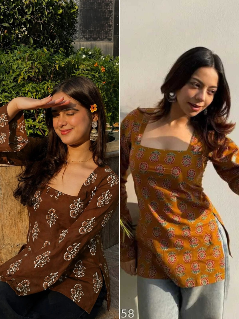 Pack Of 2 Handmade Ajrakh Block Printed Rayon Fabric  Short Kurti For Women's
