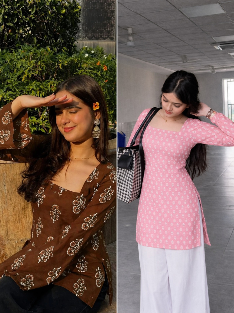 Pack Of 2 Handmade Ajrakh Block Printed Rayon Fabric  Short Kurti For Women's