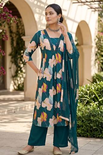 Teal blue floral printed anarkali kurta set for women