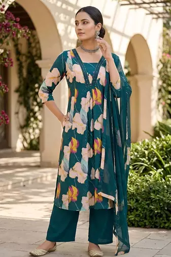 Teal blue floral printed anarkali kurta set for women