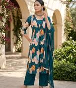 Teal blue floral printed anarkali kurta set for women