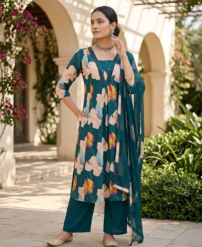 Teal blue floral printed anarkali kurta set for women