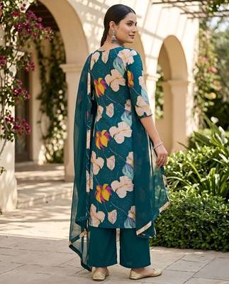 Teal blue floral printed anarkali kurta set for women 2