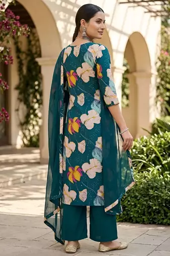 Teal blue floral printed anarkali kurta set for women