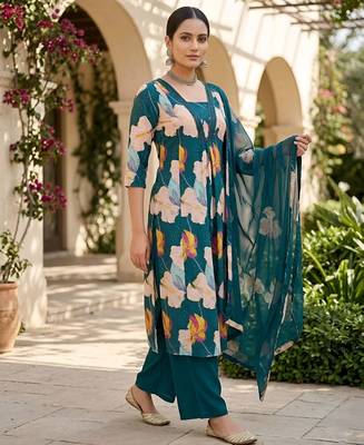 Teal blue floral printed anarkali kurta set for women 3